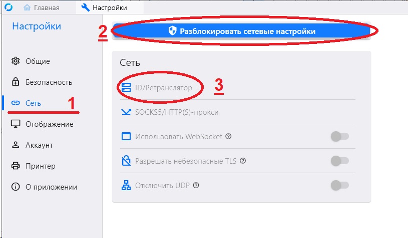 Настройки RustDesk: раздел Сеть, разблокировать настройки ID/Ретранслятор