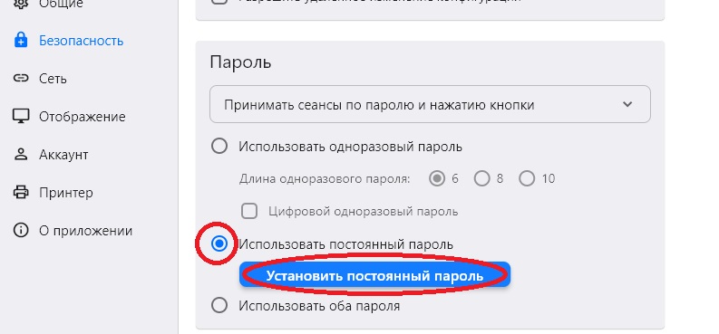 Настройки RustDesk: блок Пароль, установка постоянного пароля